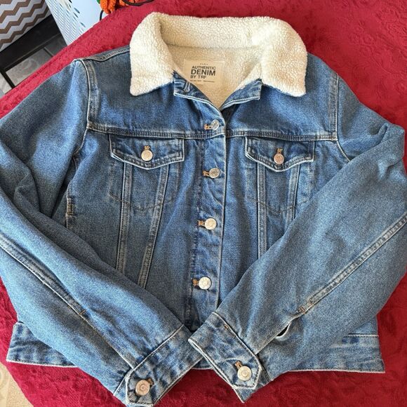 Zara Women’s TRF Sherpa Trucker Jacket Lined Denim Blue Jean Jacket Size Large - Picture 1 of 10